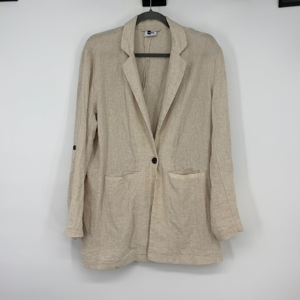 Linen Blend Blazer Roll Tab Sleeve Jacket Beige Size 44 US 14 16 Coastal